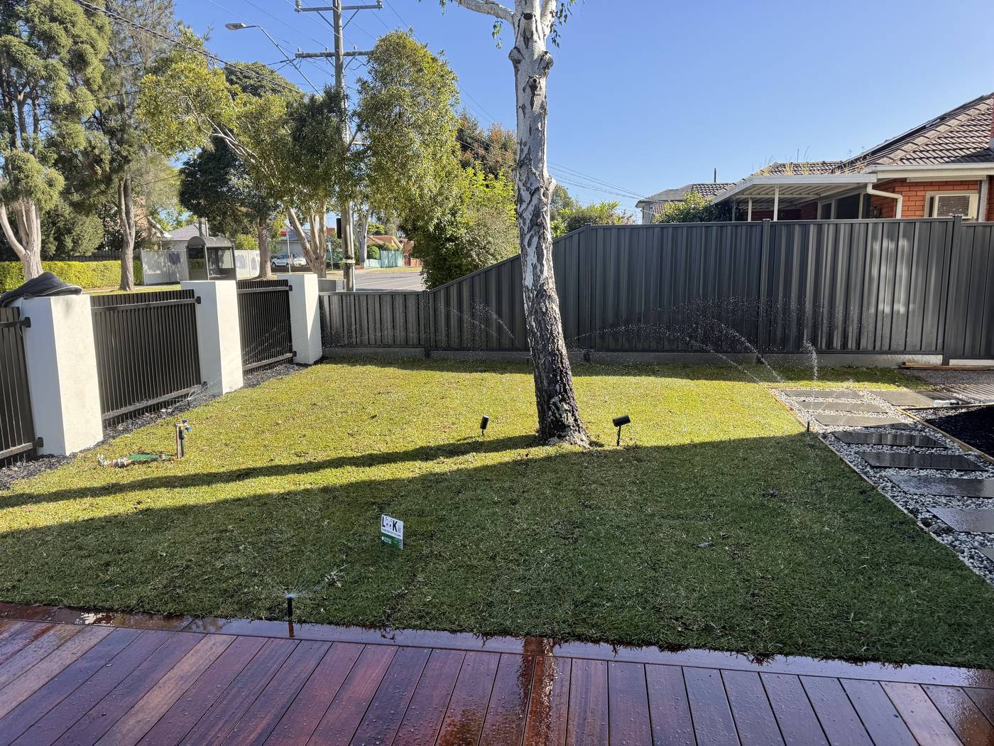 A front-lawn sprinkler system running beside a fence on a Melbourne block